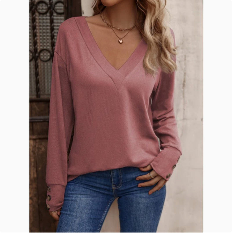 V-Neck Loose Long Sleeve T-Shirt Button