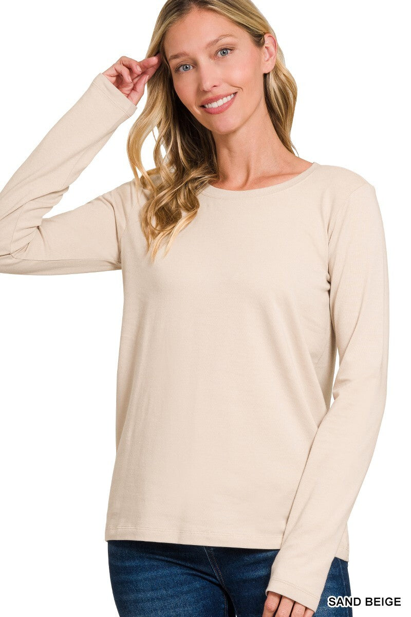 Womens Cotton T-Shirt Crew Neck Stretch Casual Tunic Long Sleeve Plain Basic Top