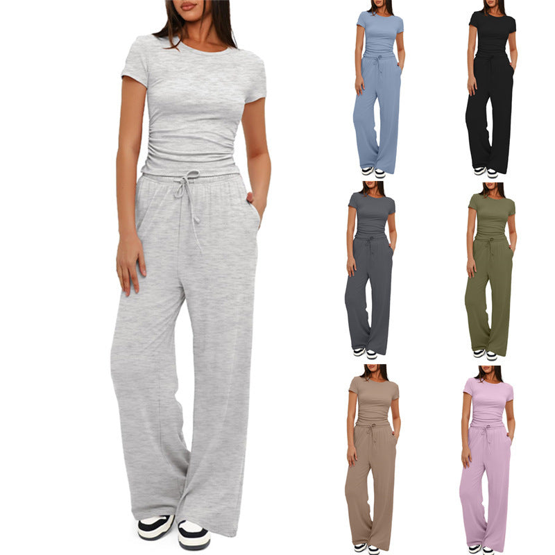2Pcs Solid Color Casual Sports Yoga Suit Short-Sleeved Top and High-Waisted Drawstring Wide-Leg Pants Summer Fashion Set for Womens Clothing