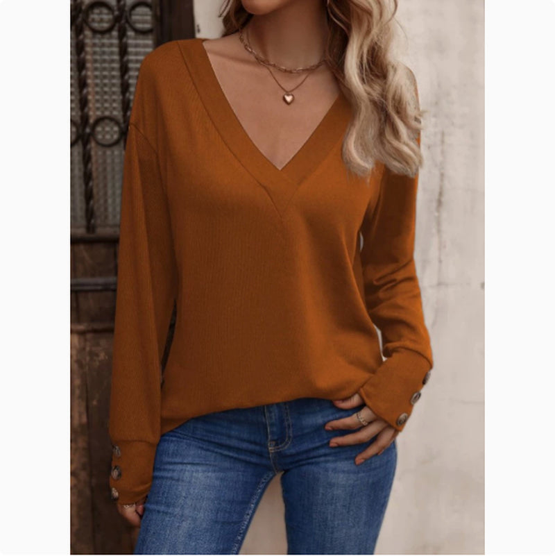 V-Neck Loose Long Sleeve T-Shirt Button