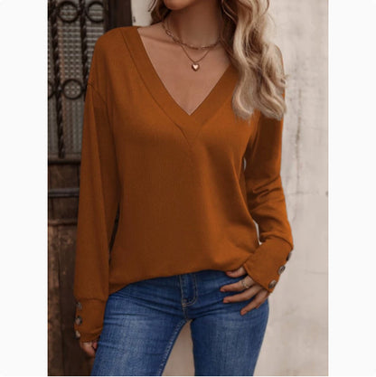 V-Neck Loose Long Sleeve T-Shirt Button