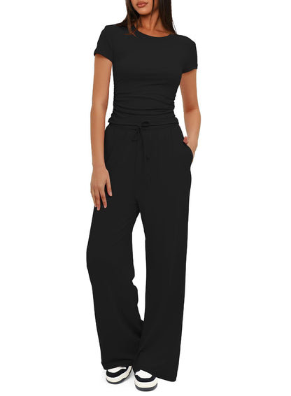 2Pcs Solid Color Casual Sports Yoga Suit Short-Sleeved Top and High-Waisted Drawstring Wide-Leg Pants Summer Fashion Set for Womens Clothing
