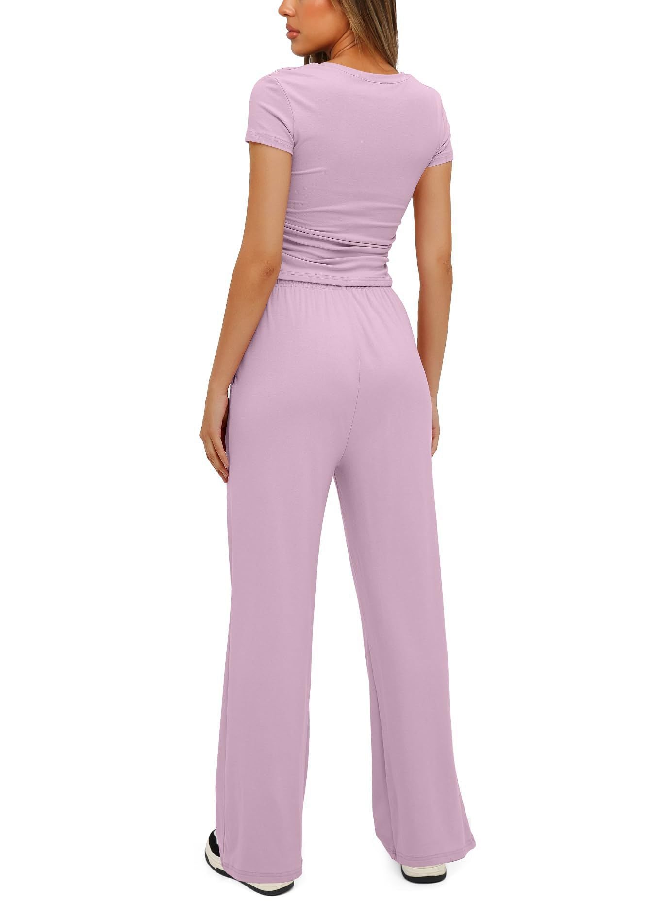 2Pcs Solid Color Casual Sports Yoga Suit Short-Sleeved Top and High-Waisted Drawstring Wide-Leg Pants Summer Fashion Set for Womens Clothing