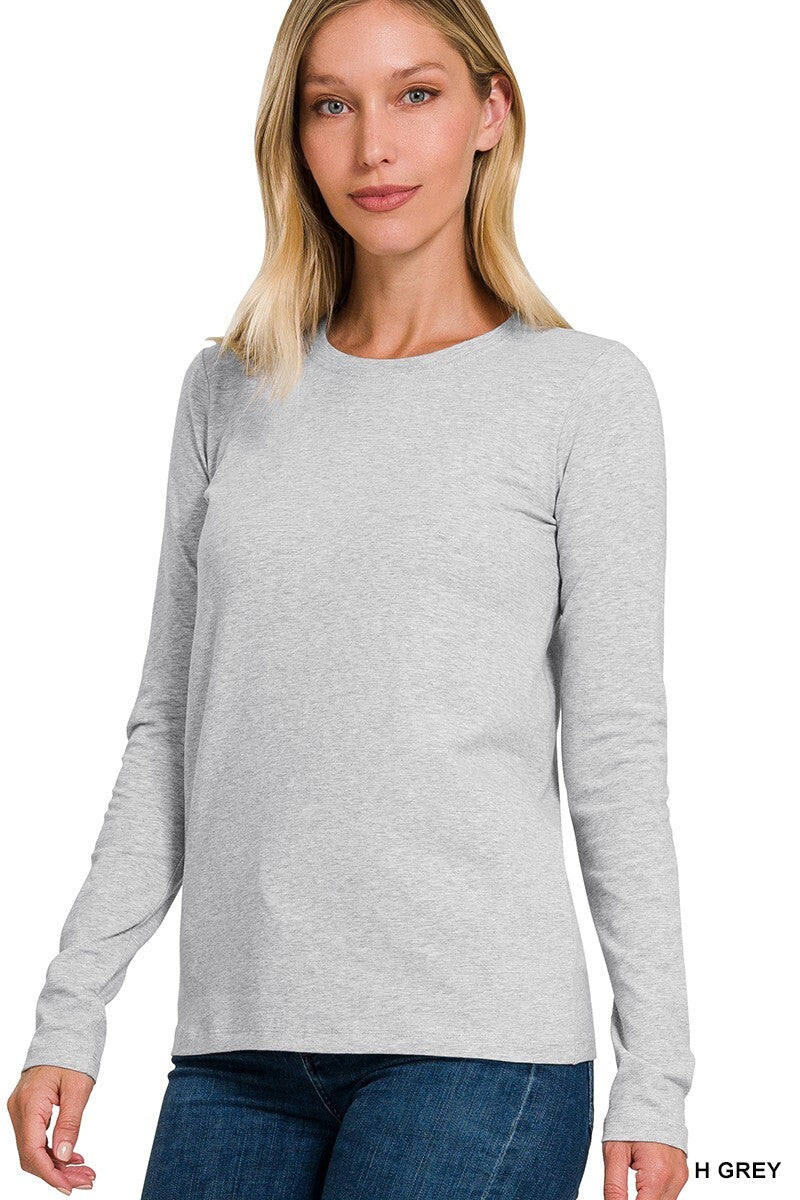 Womens Cotton T-Shirt Crew Neck Stretch Casual Tunic Long Sleeve Plain Basic Top