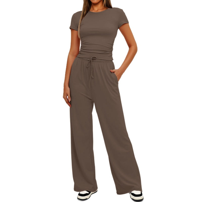 2Pcs Solid Color Casual Sports Yoga Suit Short-Sleeved Top and High-Waisted Drawstring Wide-Leg Pants Summer Fashion Set for Womens Clothing