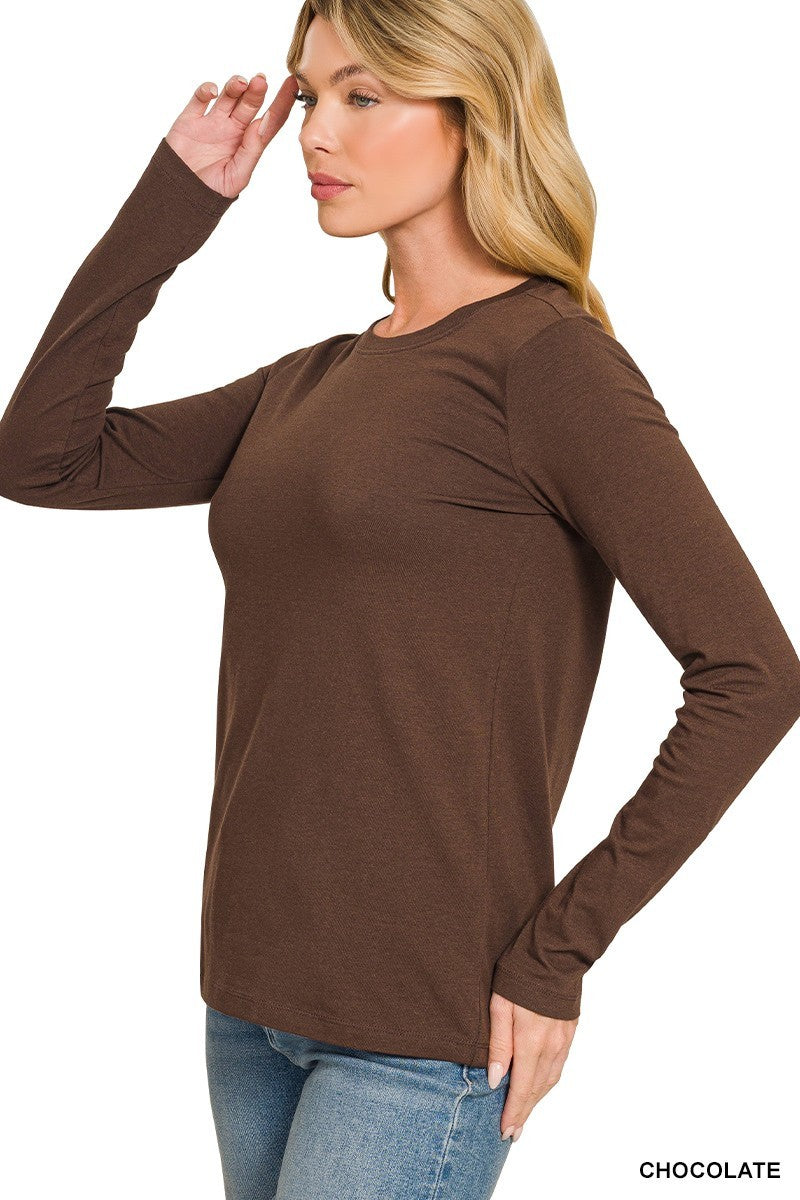 Womens Cotton T-Shirt Crew Neck Stretch Casual Tunic Long Sleeve Plain Basic Top