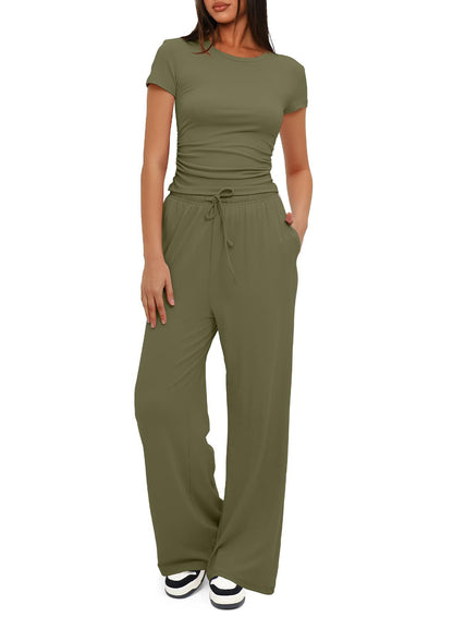 2Pcs Solid Color Casual Sports Yoga Suit Short-Sleeved Top and High-Waisted Drawstring Wide-Leg Pants Summer Fashion Set for Womens Clothing