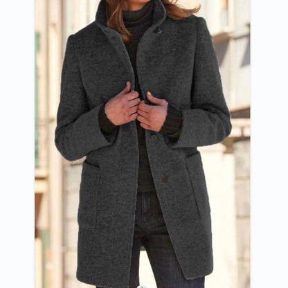 Fashion Stand Collar Woolen Coat with Pockets Fall Winter Casual Button Outwear for Women Clothing