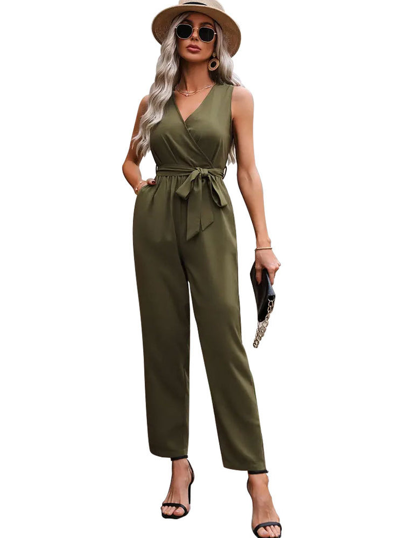 Elegant Commuter Sleeveless Cross Collar Waistline Lace-Up Jumpsuit