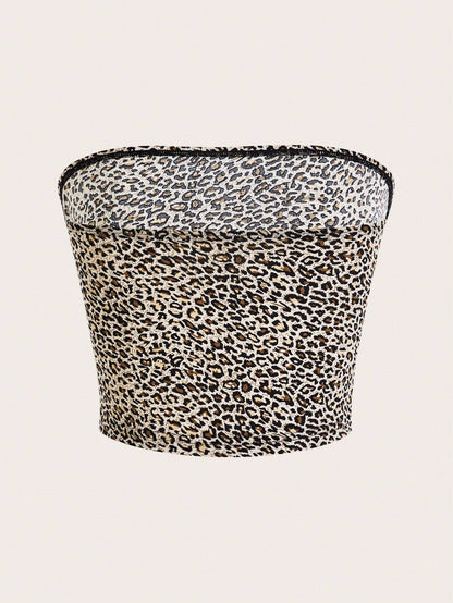 SHEIN Ezwear Leopard Print Cropped Casual Fitted Tank Top for Women, Suitable for Summer