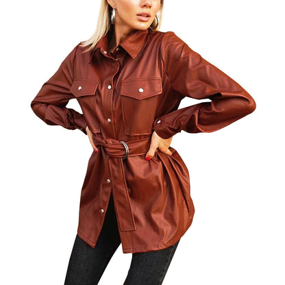 Woman with a Leather Shirt with Lapel Collar