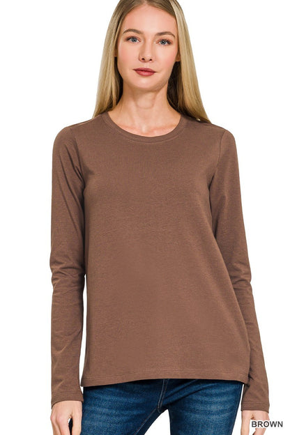 Womens Cotton T-Shirt Crew Neck Stretch Casual Tunic Long Sleeve Plain Basic Top