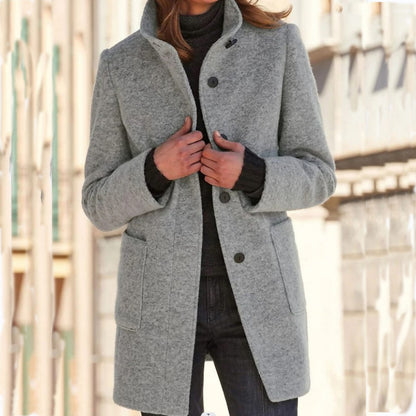 Fashion Stand Collar Woolen Coat with Pockets Fall Winter Casual Button Outwear for Women Clothing