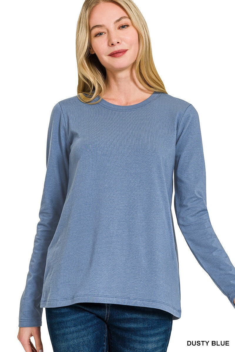 Womens Cotton T-Shirt Crew Neck Stretch Casual Tunic Long Sleeve Plain Basic Top