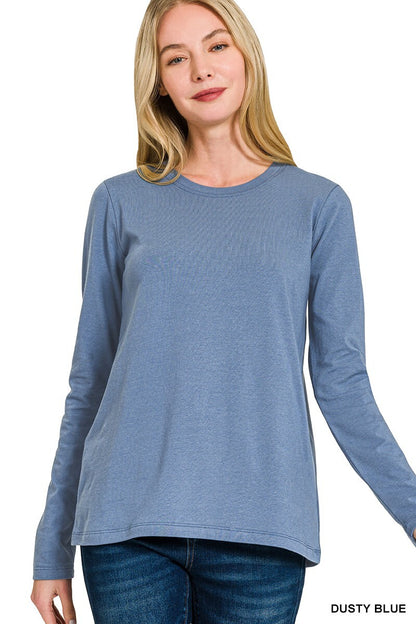 Womens Cotton T-Shirt Crew Neck Stretch Casual Tunic Long Sleeve Plain Basic Top