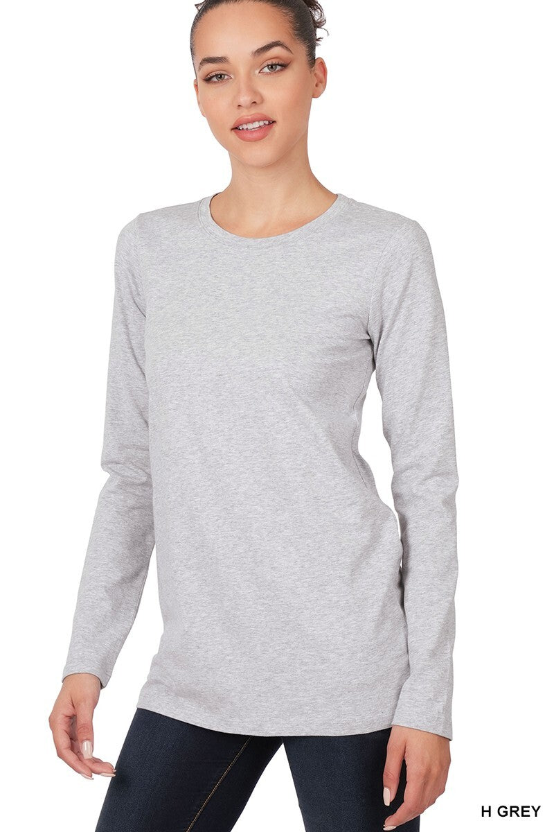 Womens Cotton T-Shirt Crew Neck Stretch Casual Tunic Long Sleeve Plain Basic Top
