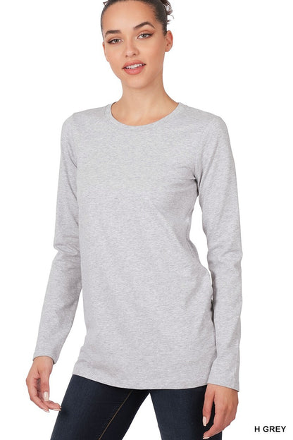Womens Cotton T-Shirt Crew Neck Stretch Casual Tunic Long Sleeve Plain Basic Top