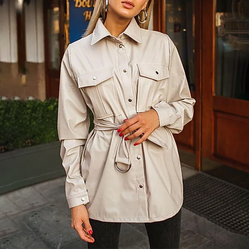 Woman with a Leather Shirt with Lapel Collar