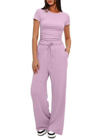2Pcs Solid Color Casual Sports Yoga Suit Short-Sleeved Top and High-Waisted Drawstring Wide-Leg Pants Summer Fashion Set for Womens Clothing