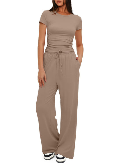 2Pcs Solid Color Casual Sports Yoga Suit Short-Sleeved Top and High-Waisted Drawstring Wide-Leg Pants Summer Fashion Set for Womens Clothing