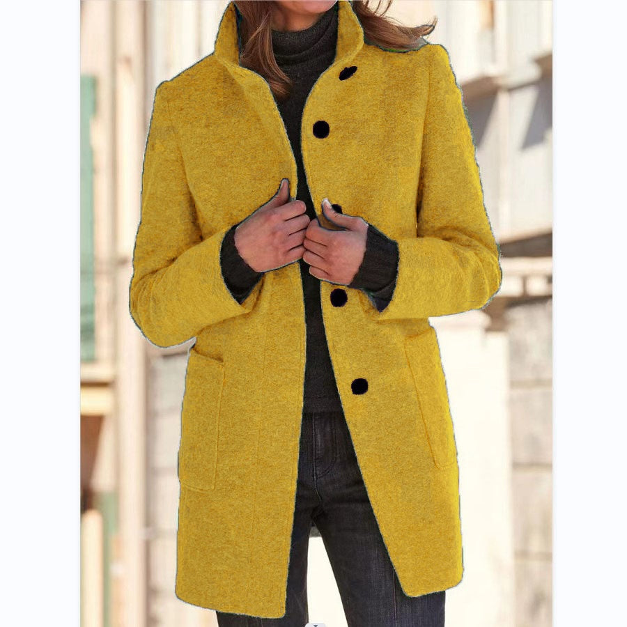 Fashion Stand Collar Woolen Coat with Pockets Fall Winter Casual Button Outwear for Women Clothing