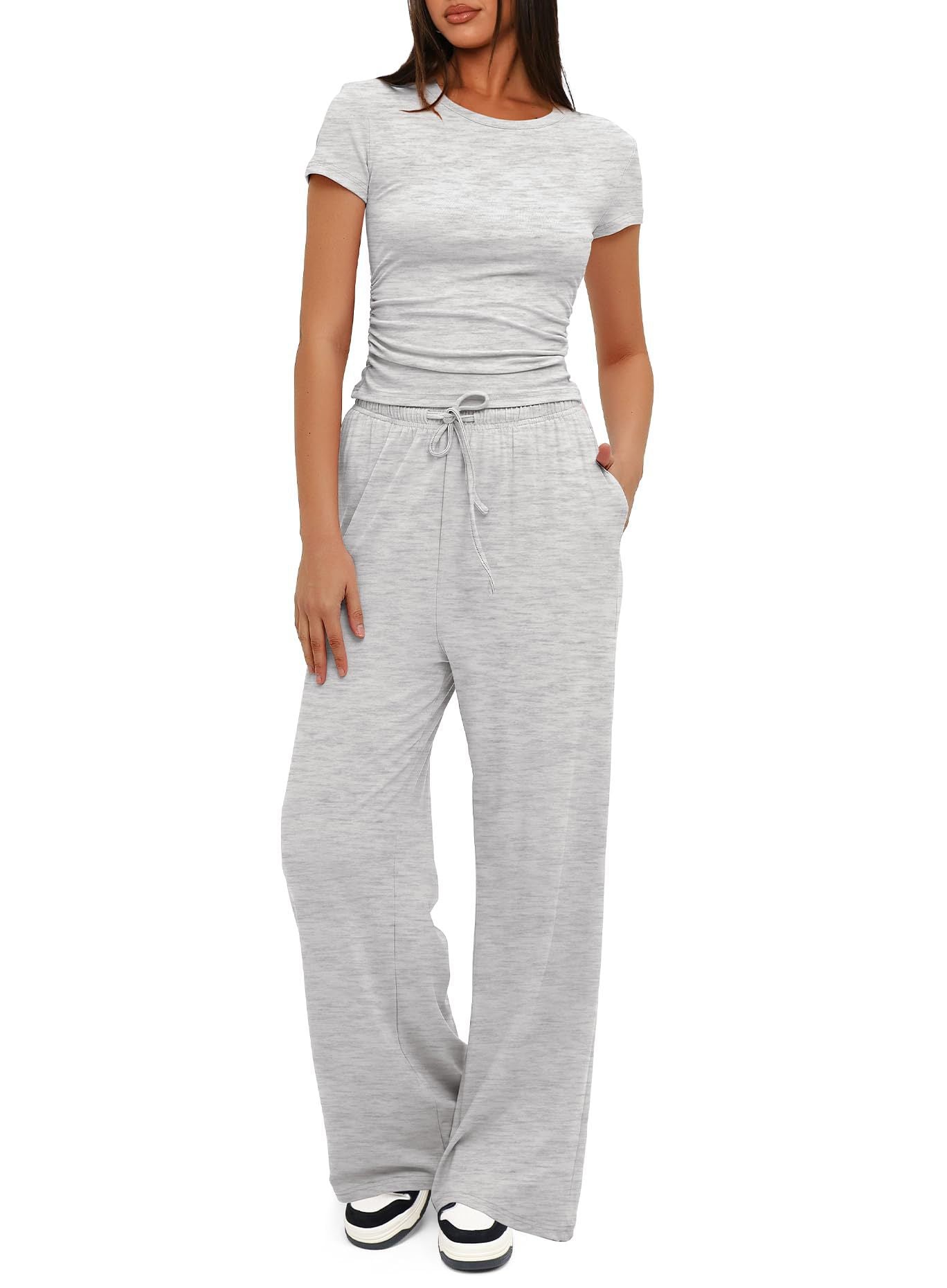 2Pcs Solid Color Casual Sports Yoga Suit Short-Sleeved Top and High-Waisted Drawstring Wide-Leg Pants Summer Fashion Set for Womens Clothing