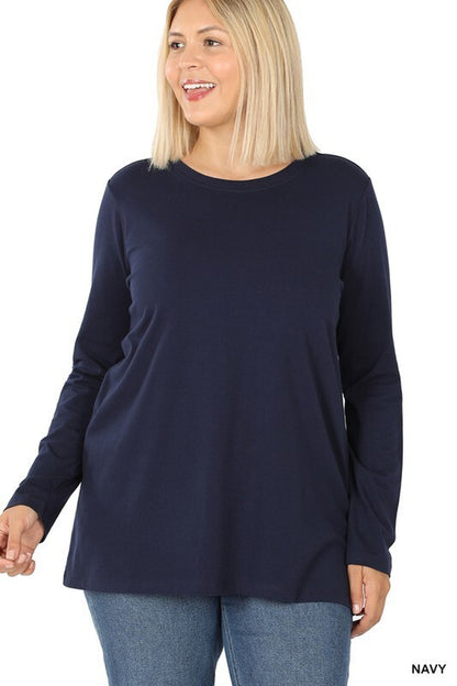 Womens Cotton T-Shirt Crew Neck Stretch Casual Tunic Long Sleeve Plain Basic Top