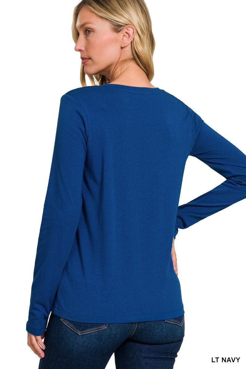 Womens Cotton T-Shirt Crew Neck Stretch Casual Tunic Long Sleeve Plain Basic Top