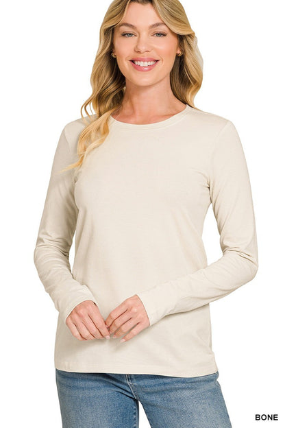 Womens Cotton T-Shirt Crew Neck Stretch Casual Tunic Long Sleeve Plain Basic Top