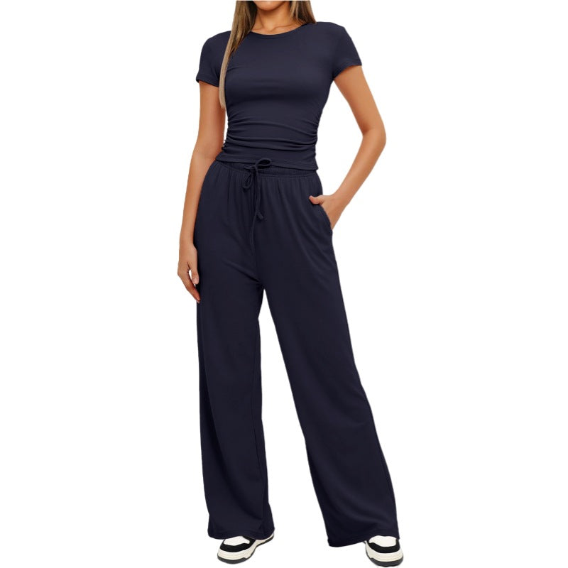 2Pcs Solid Color Casual Sports Yoga Suit Short-Sleeved Top and High-Waisted Drawstring Wide-Leg Pants Summer Fashion Set for Womens Clothing
