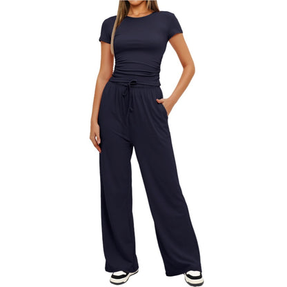 2Pcs Solid Color Casual Sports Yoga Suit Short-Sleeved Top and High-Waisted Drawstring Wide-Leg Pants Summer Fashion Set for Womens Clothing