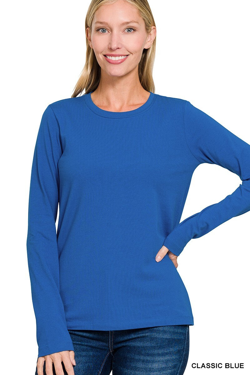 Womens Cotton T-Shirt Crew Neck Stretch Casual Tunic Long Sleeve Plain Basic Top