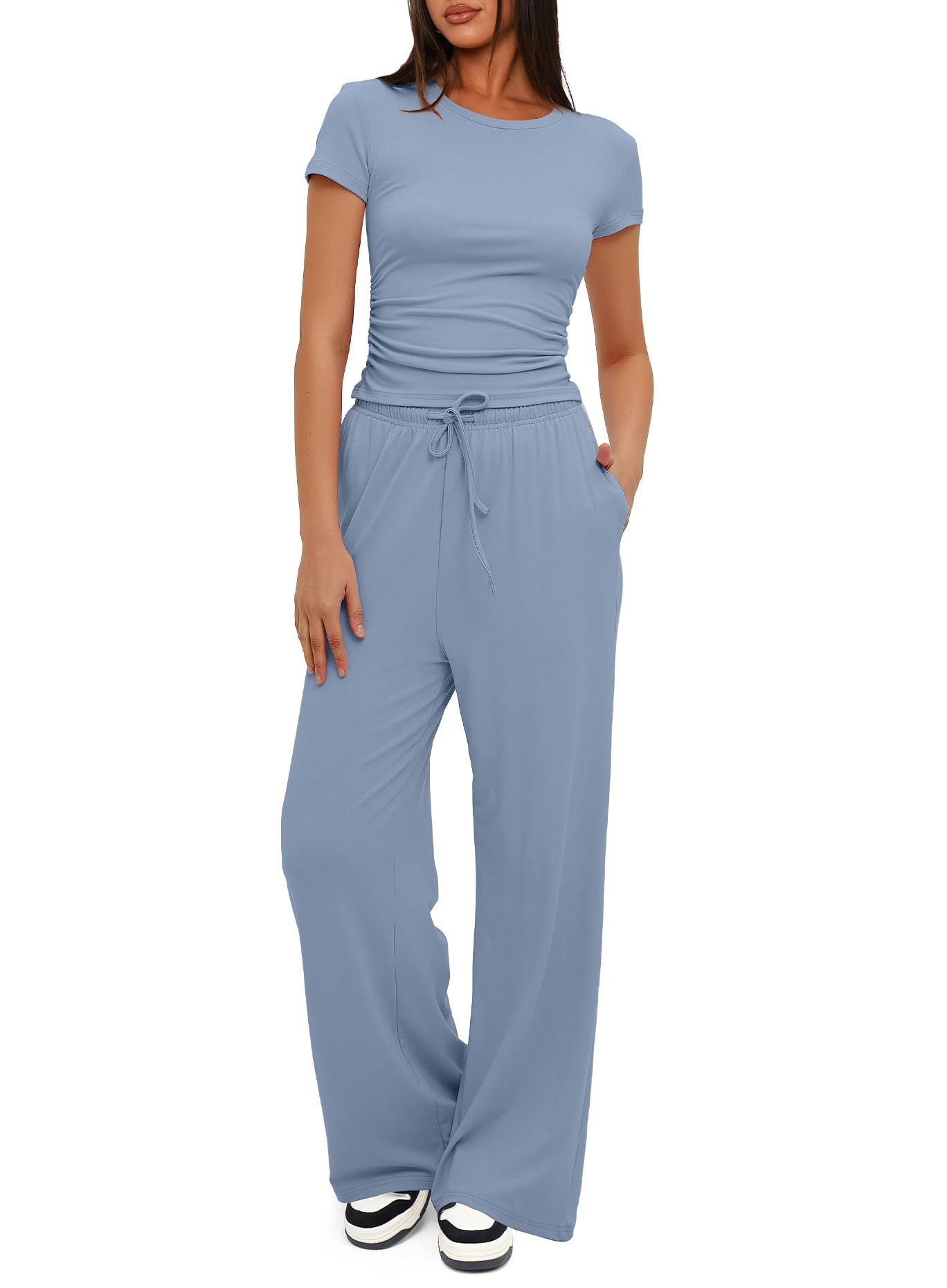 2Pcs Solid Color Casual Sports Yoga Suit Short-Sleeved Top and High-Waisted Drawstring Wide-Leg Pants Summer Fashion Set for Womens Clothing