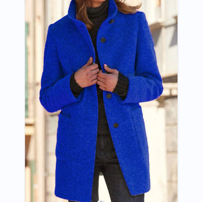 Fashion Stand Collar Woolen Coat with Pockets Fall Winter Casual Button Outwear for Women Clothing