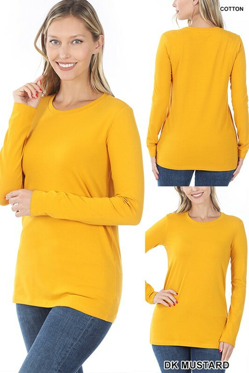 Womens Cotton T-Shirt Crew Neck Stretch Casual Tunic Long Sleeve Plain Basic Top