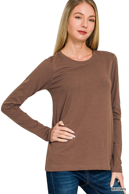 Womens Cotton T-Shirt Crew Neck Stretch Casual Tunic Long Sleeve Plain Basic Top