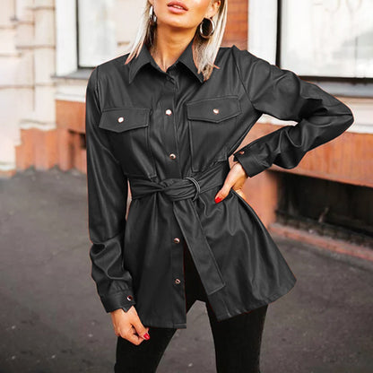 Woman with a Leather Shirt with Lapel Collar