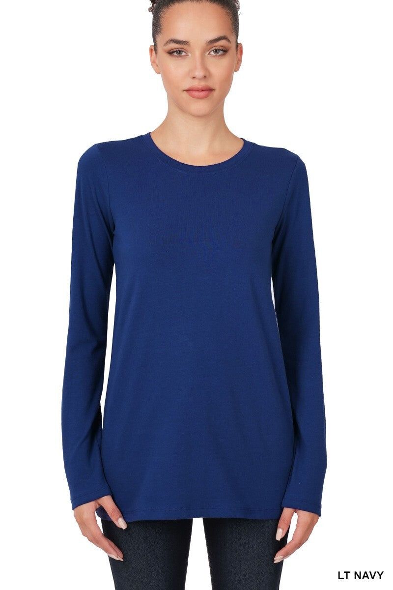 Womens Cotton T-Shirt Crew Neck Stretch Casual Tunic Long Sleeve Plain Basic Top