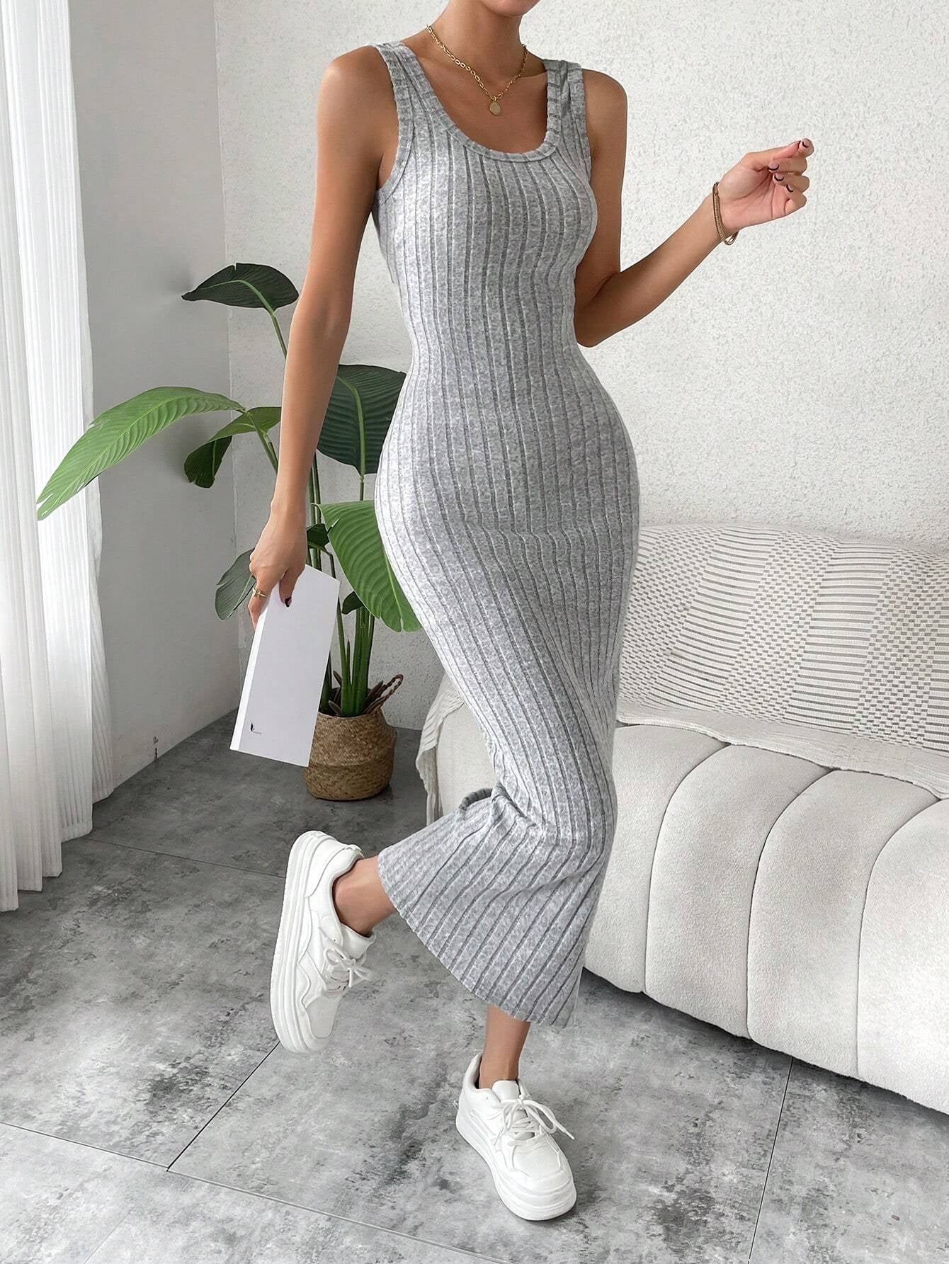 SHEIN RaffinéA Women'S Backless Soft Fabric Ribbed Casual Long Dress, Versatile for Autumn
