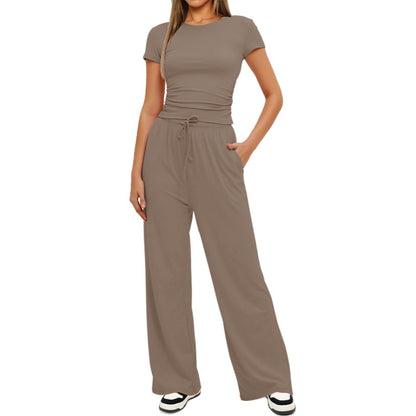2Pcs Solid Color Casual Sports Yoga Suit Short-Sleeved Top and High-Waisted Drawstring Wide-Leg Pants Summer Fashion Set for Womens Clothing