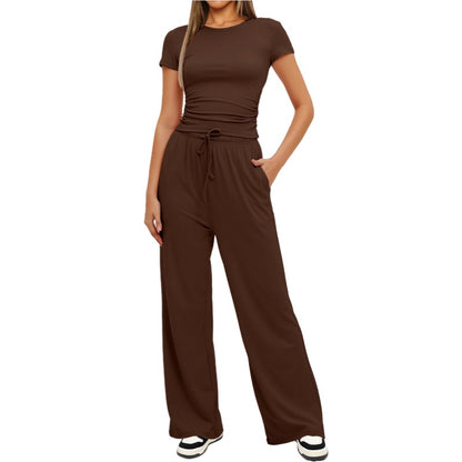 2Pcs Solid Color Casual Sports Yoga Suit Short-Sleeved Top and High-Waisted Drawstring Wide-Leg Pants Summer Fashion Set for Womens Clothing