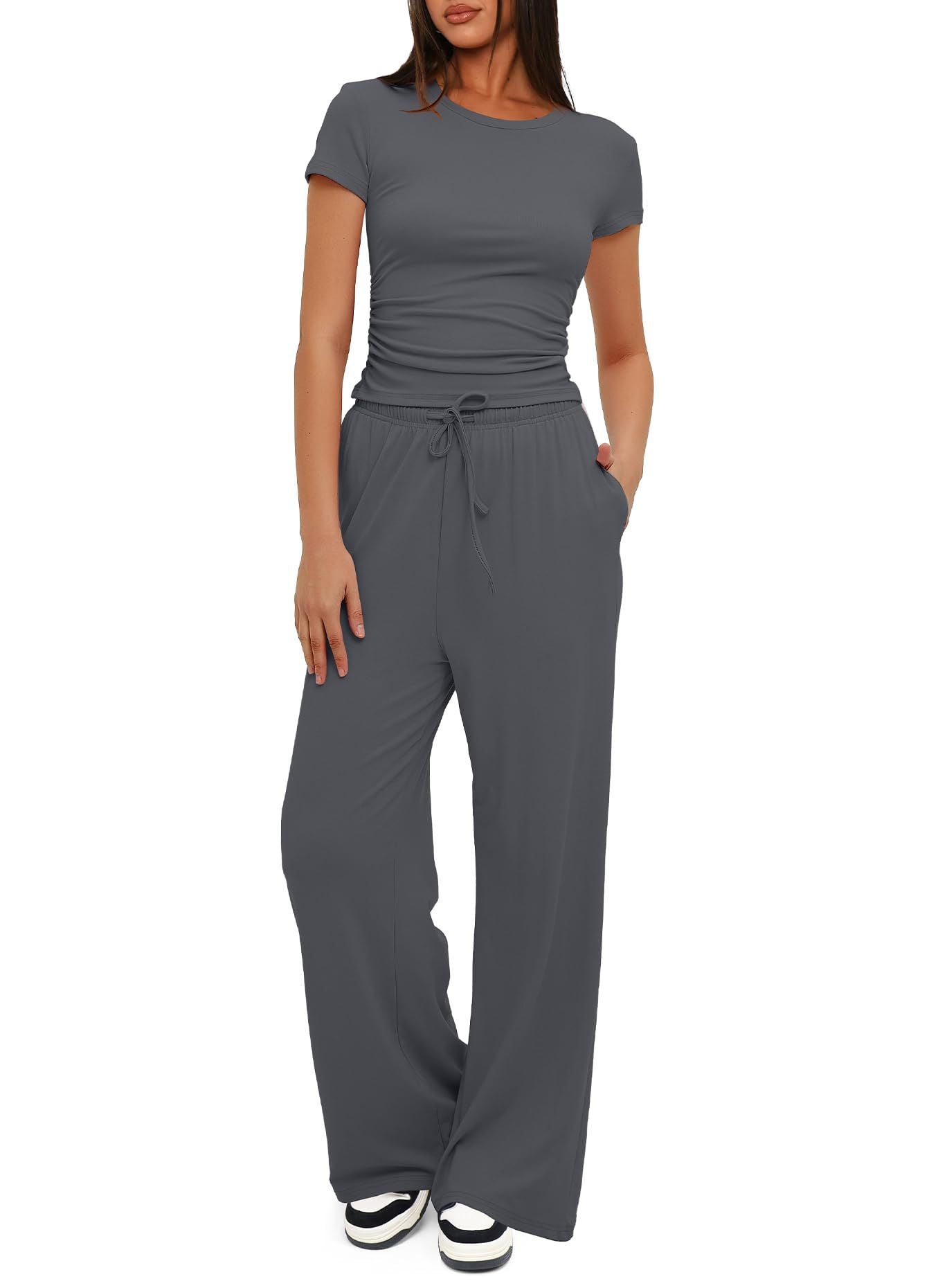 2Pcs Solid Color Casual Sports Yoga Suit Short-Sleeved Top and High-Waisted Drawstring Wide-Leg Pants Summer Fashion Set for Womens Clothing