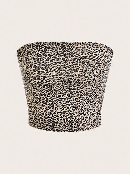 SHEIN Ezwear Leopard Print Cropped Casual Fitted Tank Top for Women, Suitable for Summer