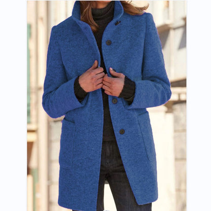 Fashion Stand Collar Woolen Coat with Pockets Fall Winter Casual Button Outwear for Women Clothing