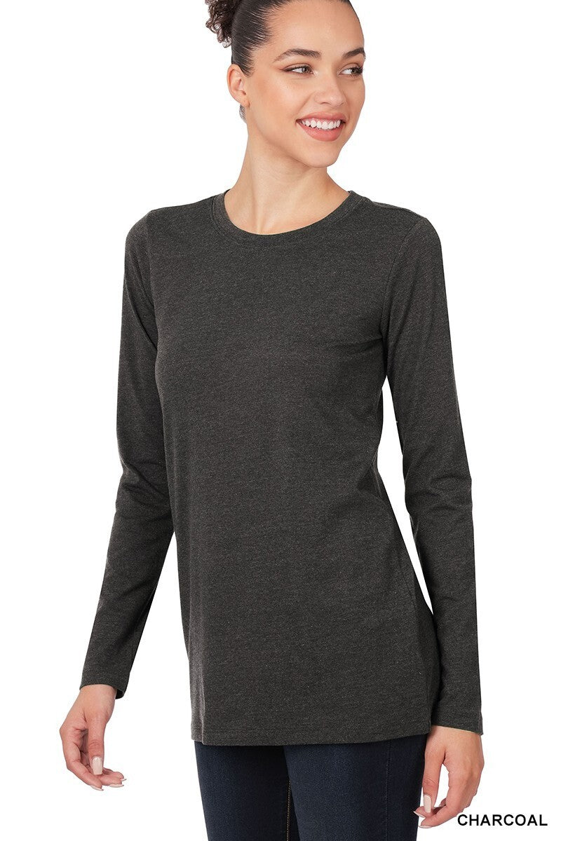 Womens Cotton T-Shirt Crew Neck Stretch Casual Tunic Long Sleeve Plain Basic Top