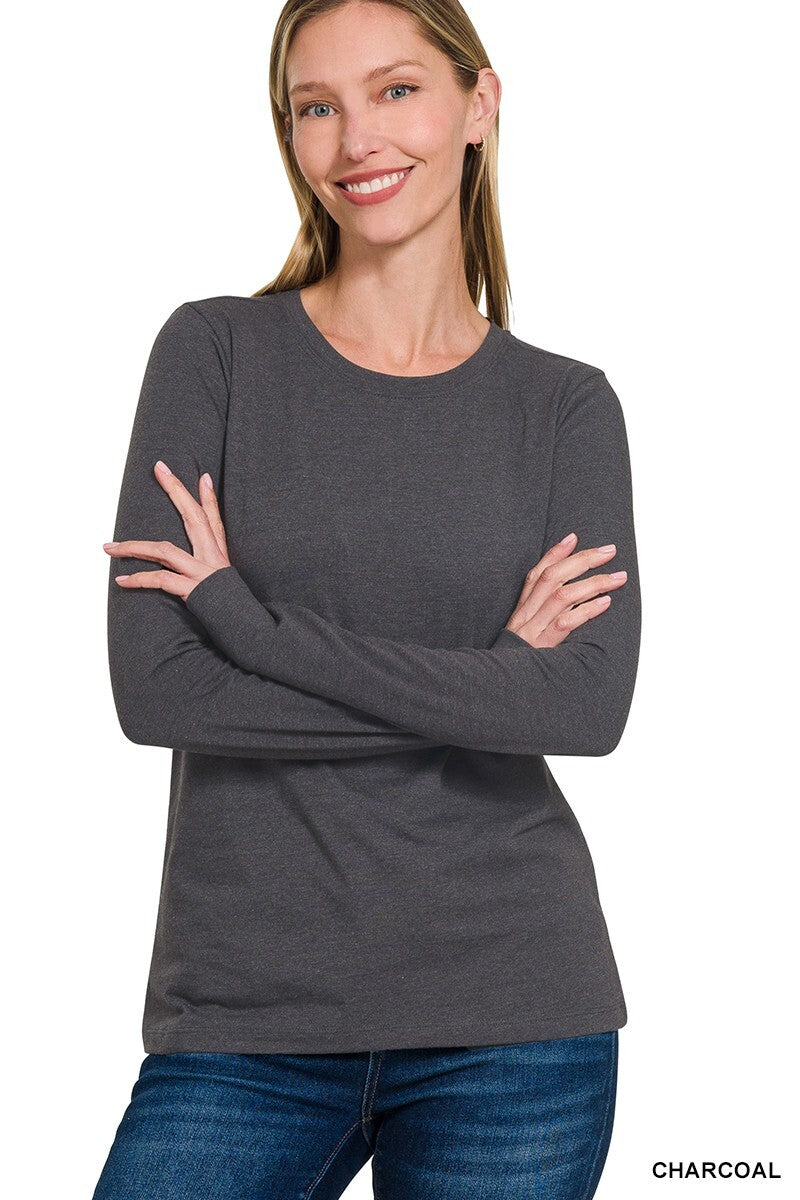 Womens Cotton T-Shirt Crew Neck Stretch Casual Tunic Long Sleeve Plain Basic Top
