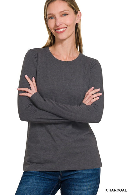 Womens Cotton T-Shirt Crew Neck Stretch Casual Tunic Long Sleeve Plain Basic Top