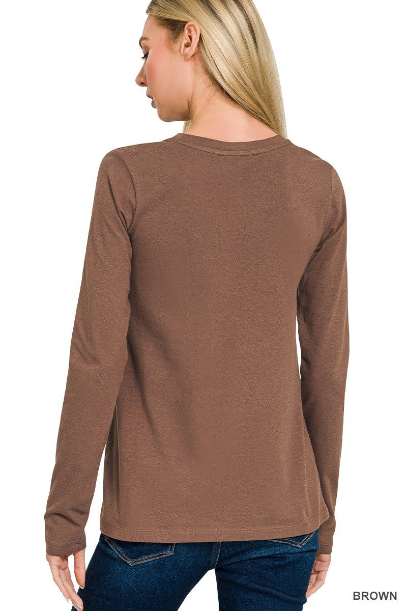 Womens Cotton T-Shirt Crew Neck Stretch Casual Tunic Long Sleeve Plain Basic Top